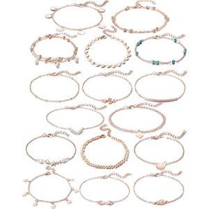 16Pcs Ankle Bracelets Women Girls Rose Gold Two Style Chain Beach Anklet